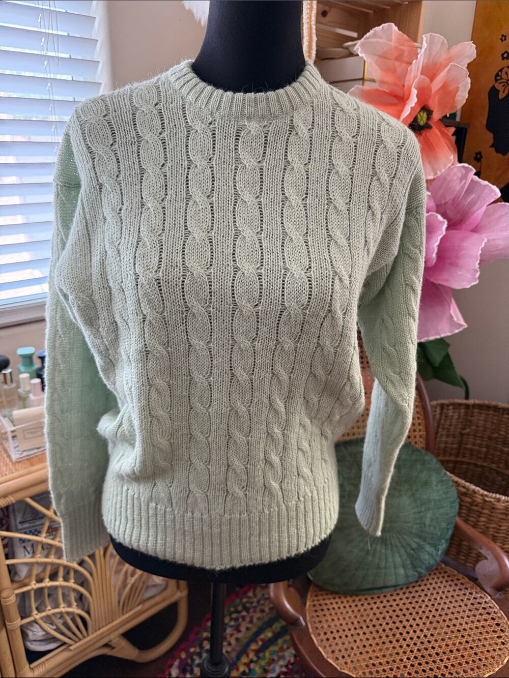 Vintage 90s Burberrys Mint Green Alpaca Made in Scotland Cable Knit Sweater